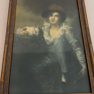 Vintage Henry Raeburn Boy With Rabbit Lithograph Print Framed