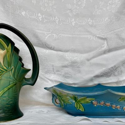 1940s Roseville Pottery: “Freesia Basket” and “Bleeding Heart” Bowl 