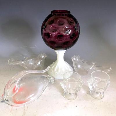 Fenton Ivy Ball Vase With Thunder Bottle Glass Barometer And Glass Birds 