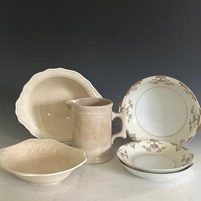 Antique Ironstone Pitcher with Steubenville Bowls and Japanese Meito 