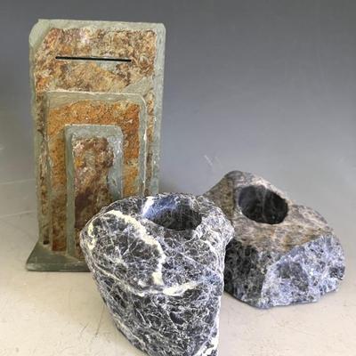 Brazilian Blue Granite Candleholders and Brutalist Slate Bookend