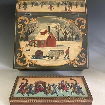 Handpainted Folk Art Wood Writing Box and Walnut Box with Indian Processional Scene to Lid