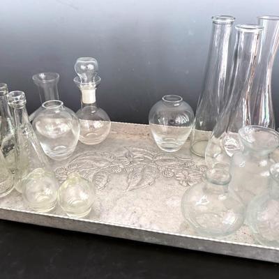 Embossed Aluminum Tray, Vintage, With Miniature Glass Vases & Perfume Bottles (15)