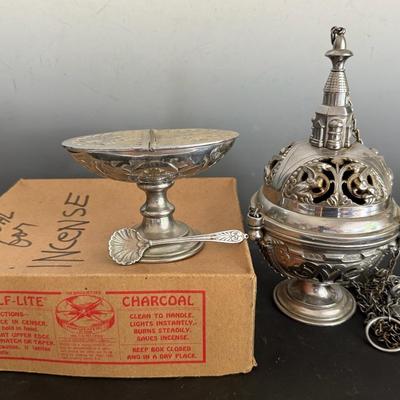 Ornate Orthodox Religious Silver-Tone Thurible Or Censer With Charcoal & Incense Boat Holder