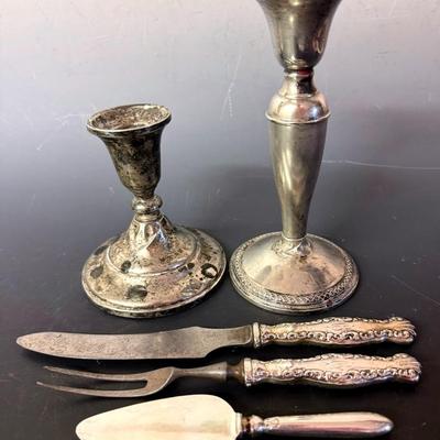 Weighted Sterling Candle Holders (2) Plus German Carving Set With Sterling Handles