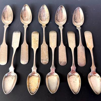 Antique Coin Silver Spoons (10) By S. Lewis, Engraved