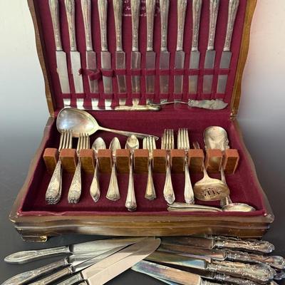 Mixed Silverplate Flatware (85 Pieces) By Rogers, Tudor, Gorham In Wood Storage Box