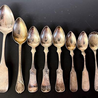 Antique Coin Silver Spoons (8) By Various Makers - Asmann, Ball Black, Kinsey, Etc