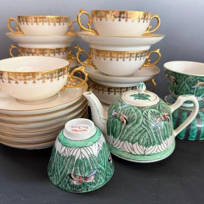 Antique Limoges M. Redon China, Plus Green With Canton-Ware Tea Set (23 Pieces Total)