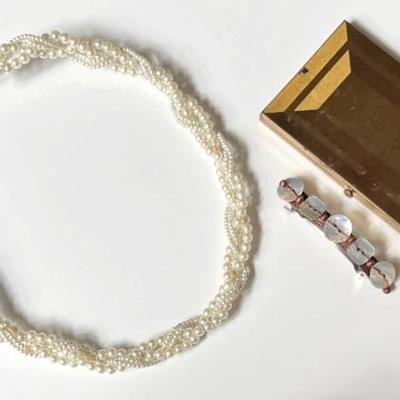 Art Deco Cigarette Case, Faux Pearl Headband, MOP Button Barrette 