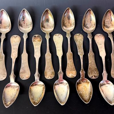 Antique Coin Silver Spoons (11) And Ladles (2) By C. Hellebush