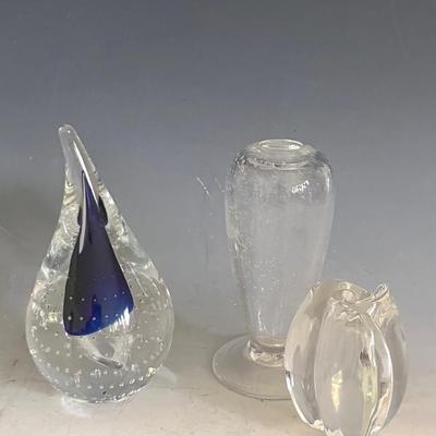 MCM Handblown Glass Vase, Swirl Figurine and Teardrop, One Signed