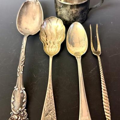 Miscellaneous Sterling Silver With Spoons, Fork & Monogrammed Cup