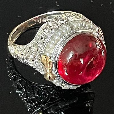 Edwardian 14K White Gold Filigree Ring with 14K Yellow Gold Bows and Red Glass Cabochon 