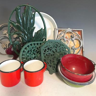 Vintage Enamelware And Iron Trivets