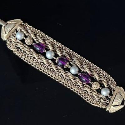 Vintage Brass Chain Bracelet with Faceted Purple Glass Stones