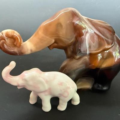 Imperial By Heisey Slag Glass Elephant Figure, Plus Pink Ceramic