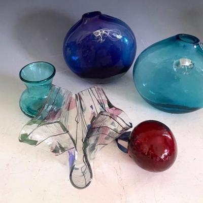 Hand Blown Glass Wall Vases With Mod Art Glass Folded Handkerchief Vase, Signed