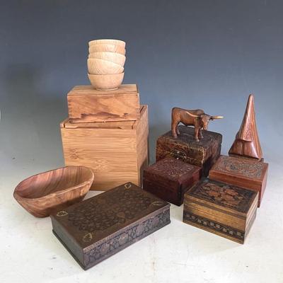 Vintage Woodware with Trinket Boxes, Jewelry Box, Figurines plus Brass Box