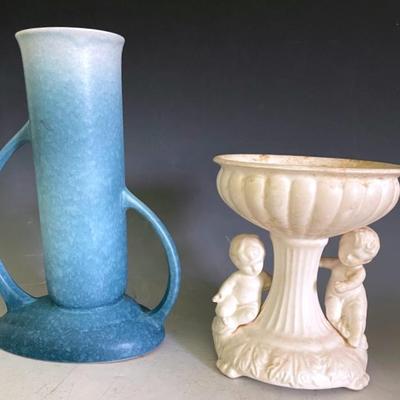 Vintage 1962 Inarco Cherub Ceramic Dish/Vase With Roseville Vase, Signed