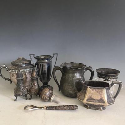 Antique Silver Plate Tableware (9) with Sterling Stopper and Opener 