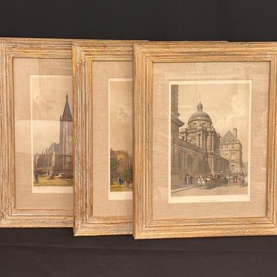 Framed French City Scenes Colored Etchings (3)