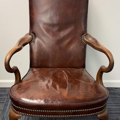 Wood and Leather Brass Bulleted Armchair
