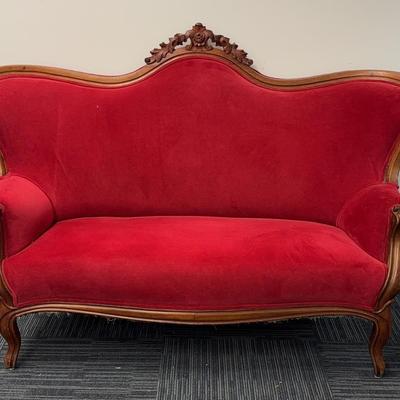 Red Velvet & Wood Sofa