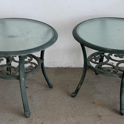 Glass Top Metal Patio Side Table Pair (Green)