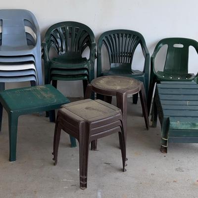 Stackable Plastic Outdoor Chairs by Syroco/Progarden/USLeisure/Rubbermaid with Tables and Ottomans