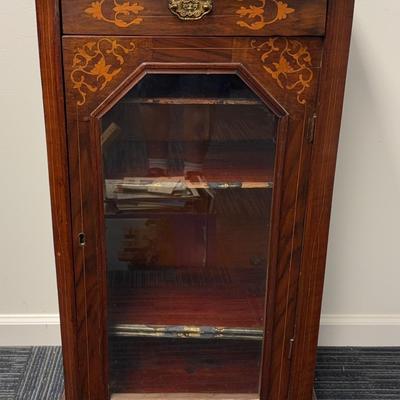 Vintage Wood Music Cabinet with Wooden Inlay (no key)