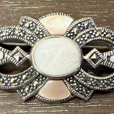 Lovely Sterling Silver - Marcasite & Pink Mother Of Pearl Pin Pendant 