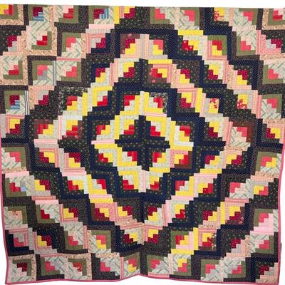 83" X 83" Antique Hand Quilted Log Cabin Quilt With Floral Back