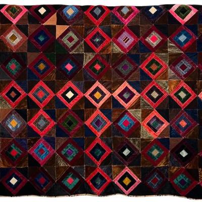 47" X 72" Vintage Machine Pieced Velvet Quilt With Leaf Pattern Silk Back