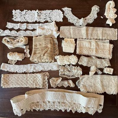 Assorted Pieces Of Antique Lace Tatted - Crocheted And Embroidered Trim Pieces 