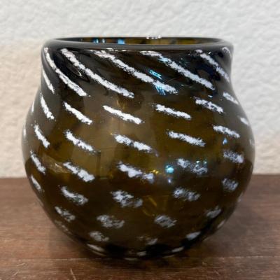 Hand Blown Art Glass Brown & White Bowl Vase 