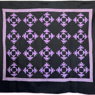 70" X 82" Vintage Sateen Machine Pieced And Quilted Purple And Black Quilt With Blue Back