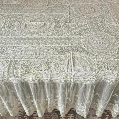 Antique 1920's French Normandy Lace Bedspread Cover Panel Embroidered With Tambour Work Netted Lace