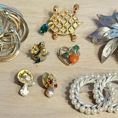 Vintage Pin Brooches - Trifari Faux Pearl - Krementz Enamel Heart - JJ Flower - Judy Lee Rhinestone Ring 