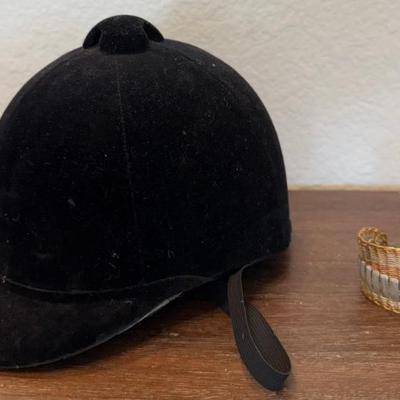 Vintage Boulder Corral Black Velvet Riding Helmet With Elastic Strap And Metal Hand Woven Cuff Bracelet 
