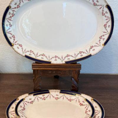 (3) Antique George Jones & Sons Gilman Collamore Fifth Avenue Cobalt Blue Crescent Rose Serving Platters