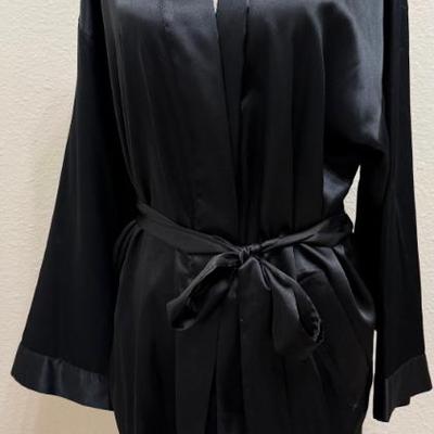 Victorian Secret Black Satin Long Sleeve Short Robe With Tie - One Size Fits All 