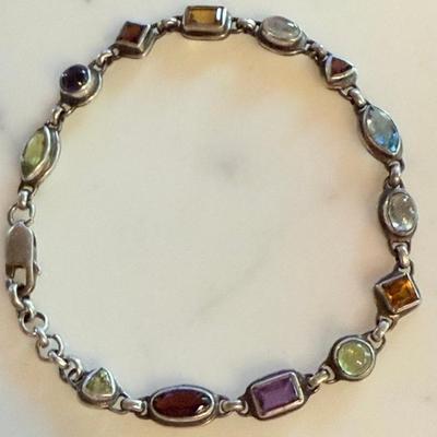 Vintage Sterling Silver Multi Gemstone 7 Inch Link Bracelet - Garnet - Moonstone - Peridot - Topaz 