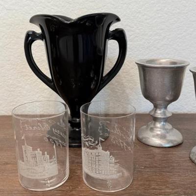 Black Amethyst Double Handled Vase - Metal Enamel Bell - 1900 College Glasses - Pewter Glasses