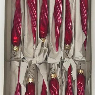 Set Of (12) Old World Christmas West Germany Red Glass Icicle Ornaments With Box