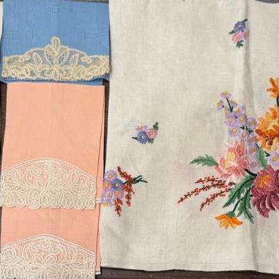 Vintage Cotton And Embroidered Hand Towels, Floral 32 Inch Square Tablecloth 