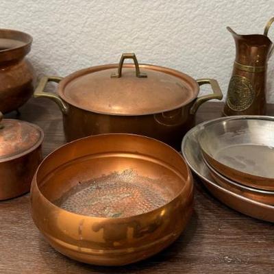 Copper & Brass Lidded Pot - (3) Copper Saute Pans - Copper PItcher & Footed Bowl 