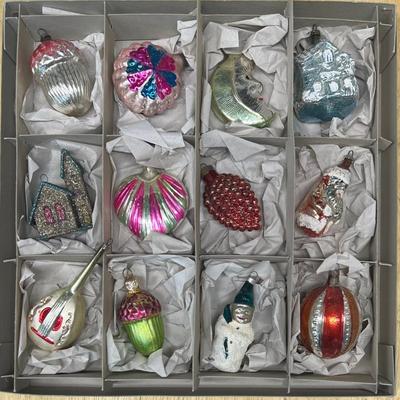 (12) Vintage And Antique Glass Christmas Ornaments - Santa, Moon, Houses, Guitar, And More