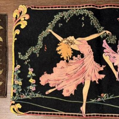 Art Nouveau 1920's Fent Hand Painted Dresser Scarf & Antique Silk Embroidered French Silk Needle Punch Doily