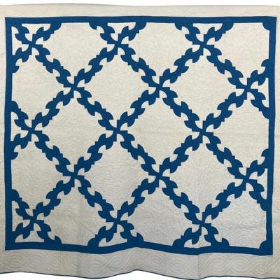 76" X 87" Antique Hand Stitched And Quilted Blue Drunkards Path Pattern Quilt With White Back